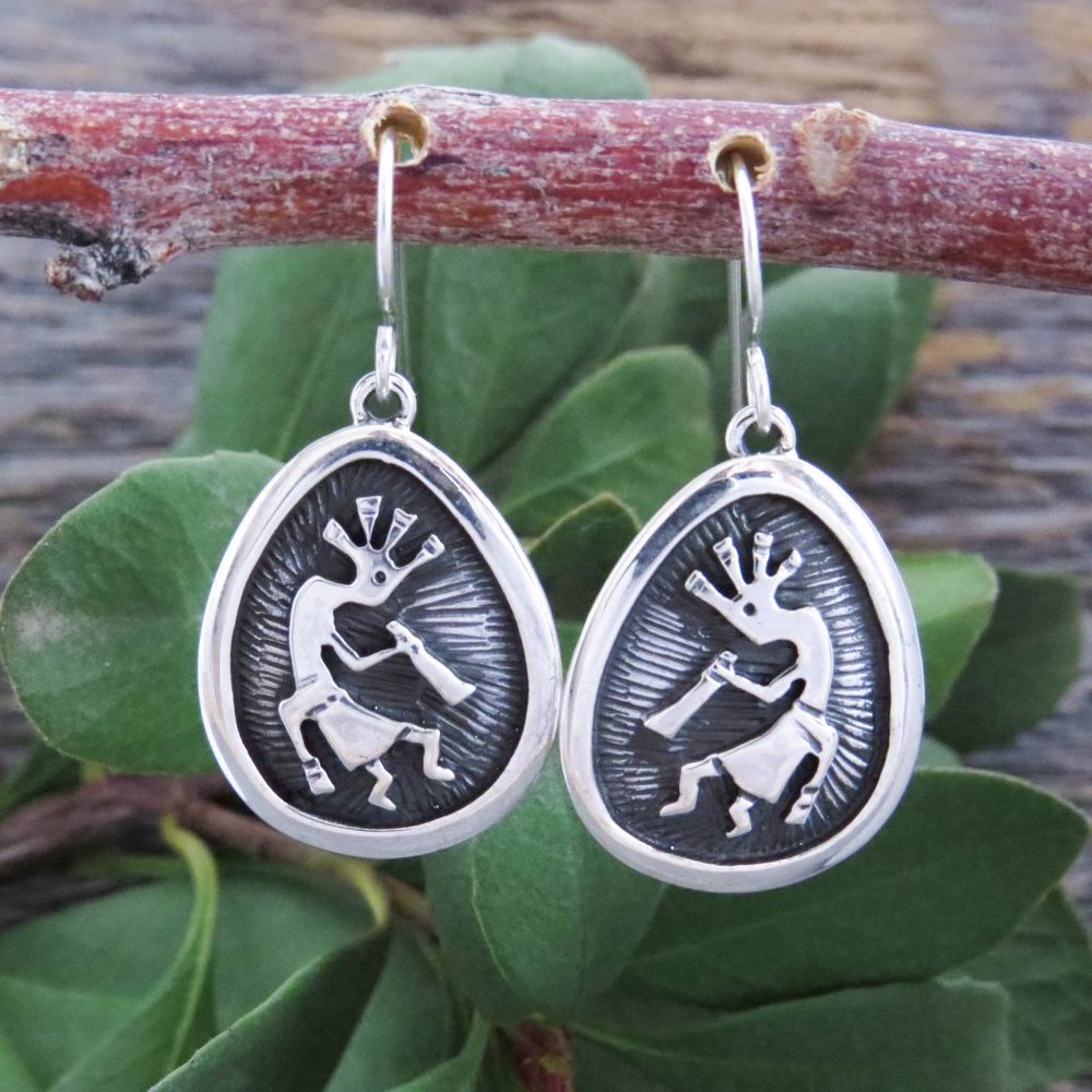 Native American Navajo Kokopelli Sterling Silver Handmade Dangle Earrings